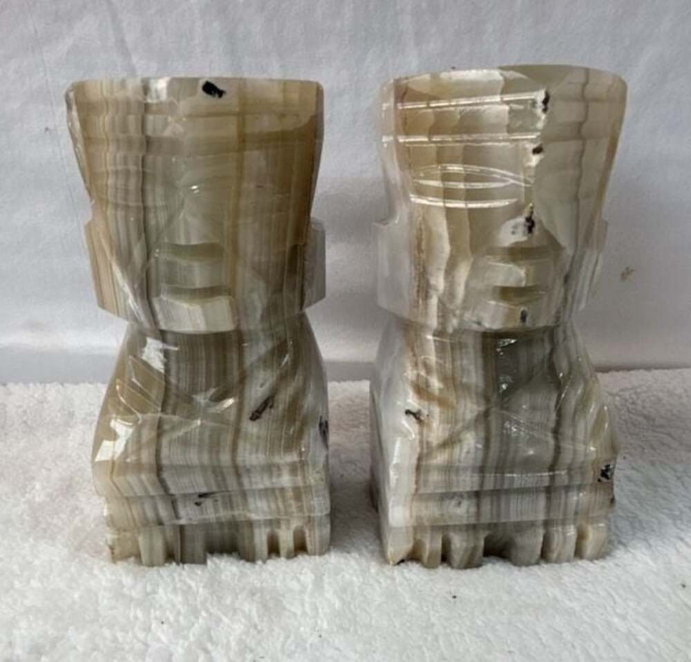 Vintage Hand Carved Onyx Stone Aztec Mayan‎ Tiki Head Bookends Pair
